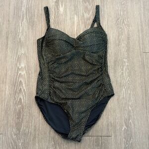 Nip Tuck Swim Joanne One Piece Swimsuit Size 10 Black Gold Foil Polka Dot Beach